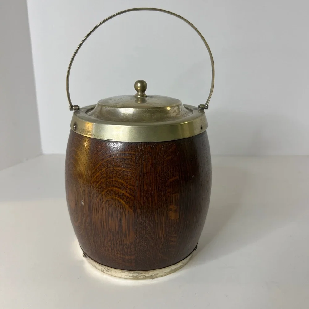 Antique English Oak & Silverplate EPNS Biscuit Barrel Lid‎ Handle Flaw